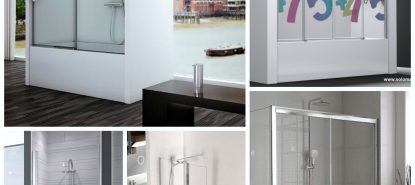 Collage con varias imágenes de diversas mamparas de baño modernas