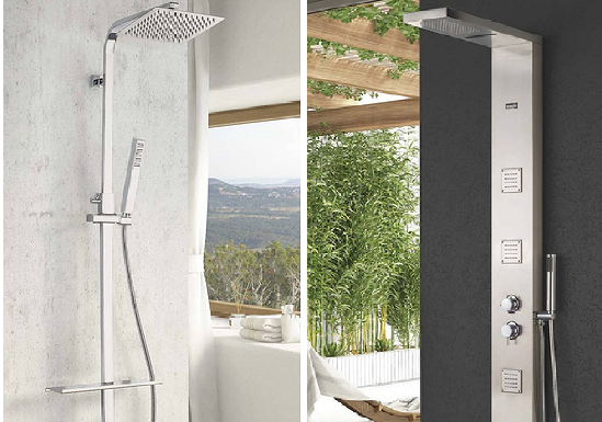 Imagen doble con un conjunto y una columna de ducha moderna