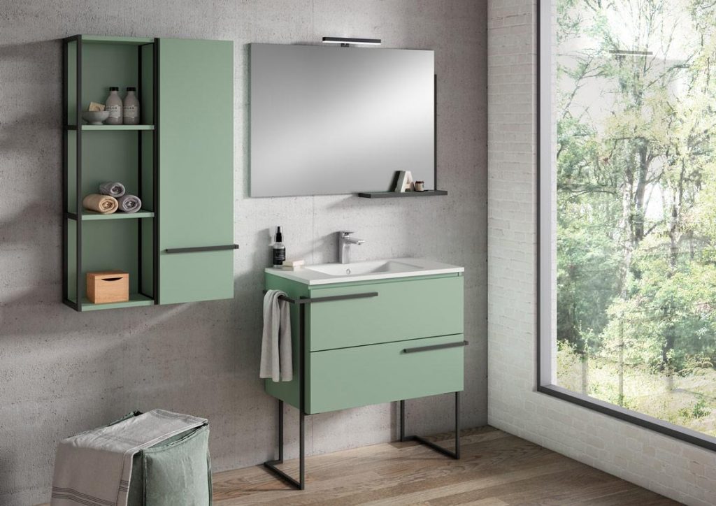 Conjunto de mueble de baño color menta con patas de metal negro