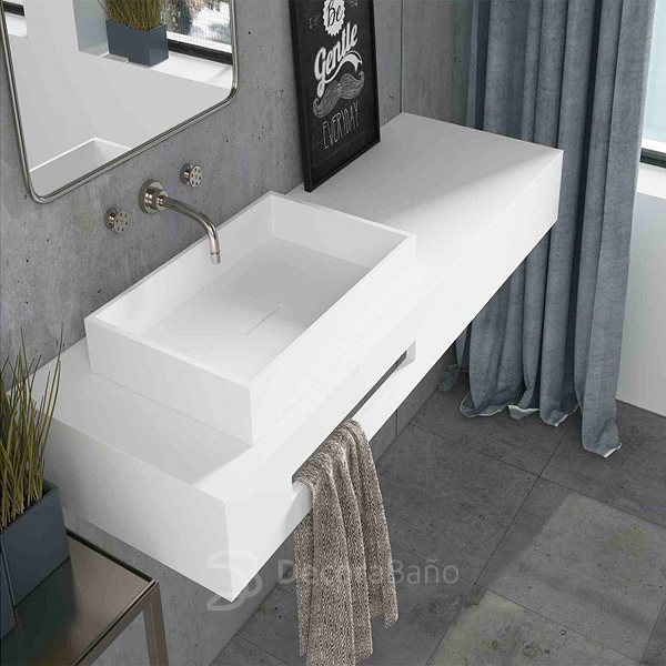 lavabo sobre encimera moderno con toallero integrado en color blanco